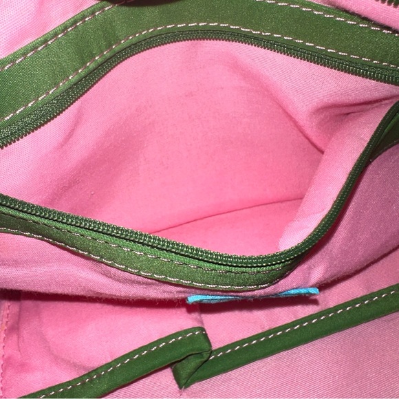 The SAK Belinda Satchel Kelly Green Knit Bag Pink Trim Canvas Straps Buckles - Picture 4 of 12
